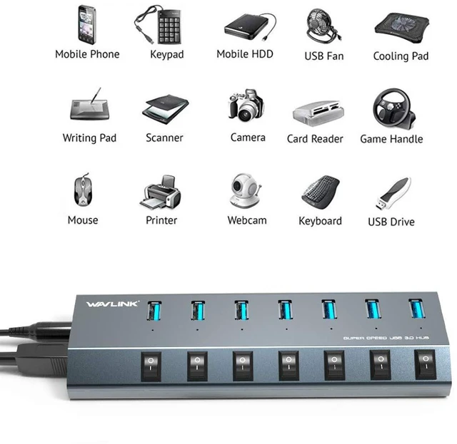 Alt view image 4 of 7 - USB Hub 3.0, WAVLINK 7 Port Powered USB 3.0 hub 48W Charging, 5V/2.4A Each Ports with Individual Switches LED Indicator, USB Extension for Laptop, MacBook, iMac, PC, USB Flash Drives