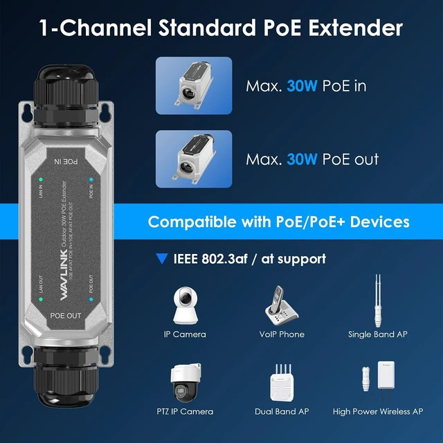 Alt view image 3 of 7 - IP67 Outdoor Gigabit PoE Extender, Repeater & Amplifier, IEEE 802.3 af/at 30W, 10/100/1000Mbps, 1 in 1 Out for IP/PTZ Camera, Wireless AP, Wall-Mount, Daisy Chain Up to 2 Units