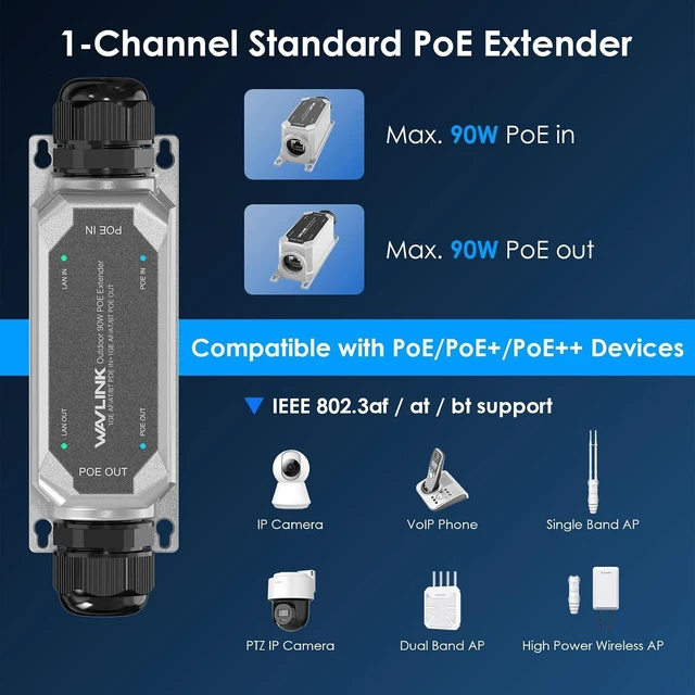 Alt view image 3 of 7 - IP67 Outdoor Gigabit PoE Extender, Repeater & Amplifier, IEEE 802.3 af/at/bt 90W, 10/100/1000Mbps, 1 in 1 Out for IP/PTZ Camera, Wireless AP, Wall-Mount, Daisy Chain Up to 3 Units
