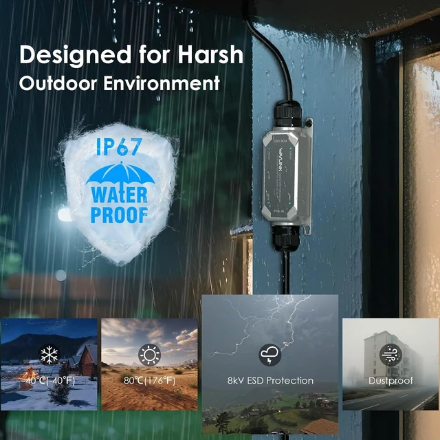 Alt view image 4 of 7 - IP67 Outdoor Gigabit PoE Extender, Repeater & Amplifier, IEEE 802.3 af/at/bt 90W, 10/100/1000Mbps, 1 in 1 Out for IP/PTZ Camera, Wireless AP, Wall-Mount, Daisy Chain Up to 3 Units
