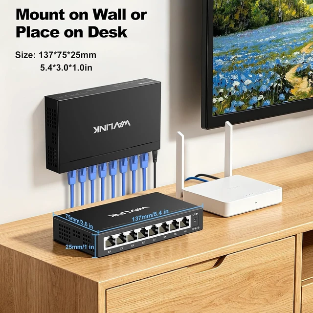 Alt view image 4 of 7 - 8-Port Gigabit Ethernet Unmanaged Switch, Home Network Hub, Office Ethernet Splitter, Plug & Play, Desktop/Wall Mount, Silent Operation, Metal Case