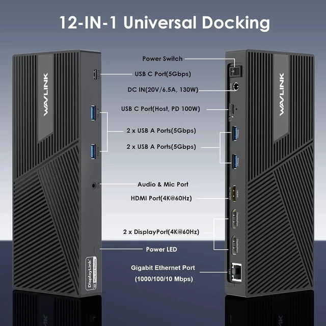 Alt view image 2 of 7 - Docking Station 3 Monitors, 12-in-1 DisplayLink Docking Station with 100W PD Charging Triple 4K@60Hz HDMI+DP Gigabit Ethernet 5Gbps USB 3.0 Audio for Dell/HP/Lenovo/MacBook Neo
