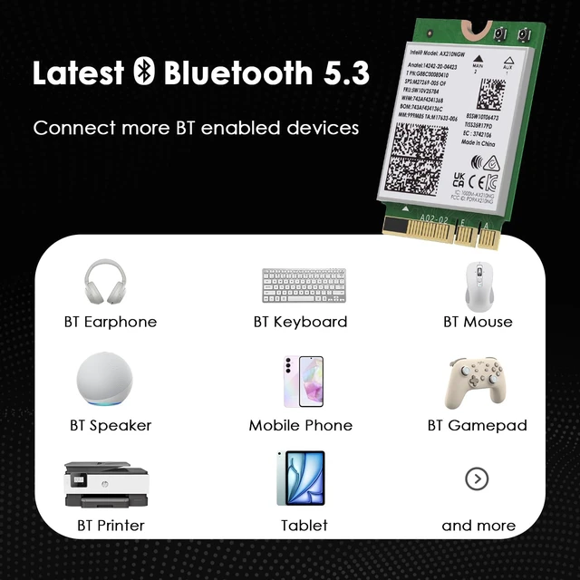 Alt view image 4 of 7 - WiFi 6E Wireless Card with Bluetooth 5.3, 2026 Tri-Band AXE5400 NGW Network Card, Intel AX210, Ultra-Low Latency, Support Windows 10/11 (64bit), Linux, M.2/NGFF