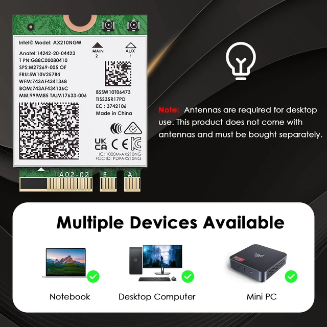 Alt view image 5 of 7 - WiFi 6E Wireless Card with Bluetooth 5.3, 2026 Tri-Band AXE5400 NGW Network Card, Intel AX210, Ultra-Low Latency, Support Windows 10/11 (64bit), Linux, M.2/NGFF