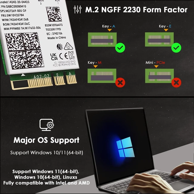 Alt view image 7 of 7 - WiFi 6E Wireless Card with Bluetooth 5.3, 2026 Tri-Band AXE5400 NGW Network Card, Intel AX210, Ultra-Low Latency, Support Windows 10/11 (64bit), Linux, M.2/NGFF