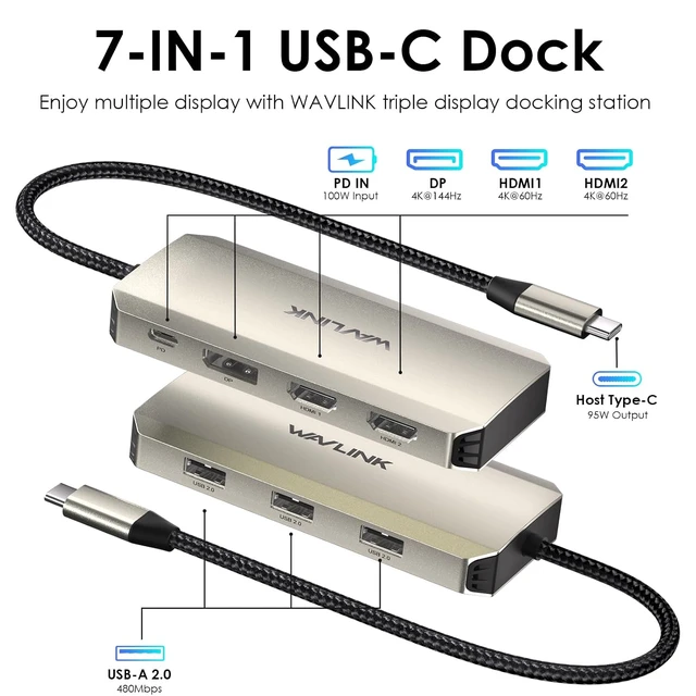 Alt view image 2 of 7 - Laptop Docking Station, WAVLINK Triple 4K Docking Station with Dual HDMI, DP, 100W PD in, 3 USB-A2.0 for Wireless Device, Compatible with Dell/HP/Lenovo etc, Windows Systerm Computer Only