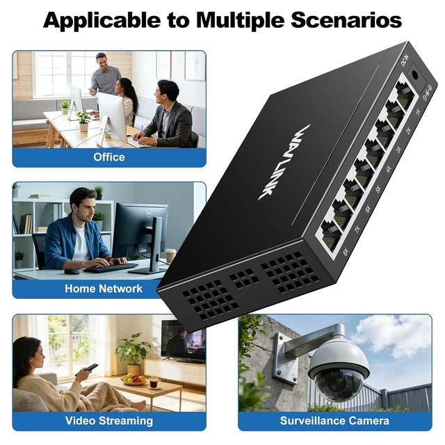 Alt view image 6 of 7 - 8-Port Gigabit Ethernet Unmanaged Switch, Home Network Hub, Office Ethernet Splitter, Plug & Play, Desktop/Wall Mount, Silent Operation, Metal Case