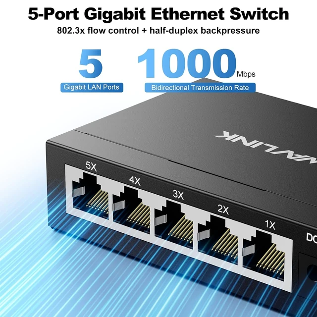 Alt view image 2 of 7 - 5-Port Gigabit Ethernet Unmanaged Switch, Home Network Hub, Office Ethernet Splitter, Plug & Play, Desktop/Wall Mount, Silent Operation, Metal Case