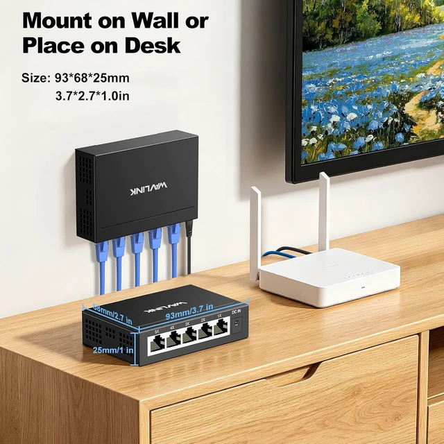Alt view image 4 of 7 - 5-Port Gigabit Ethernet Unmanaged Switch, Home Network Hub, Office Ethernet Splitter, Plug & Play, Desktop/Wall Mount, Silent Operation, Metal Case