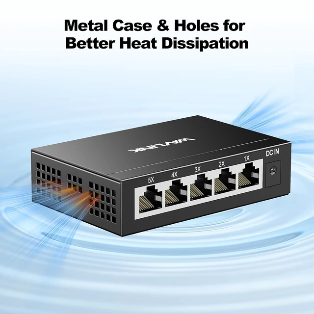 Alt view image 5 of 7 - 5-Port Gigabit Ethernet Unmanaged Switch, Home Network Hub, Office Ethernet Splitter, Plug & Play, Desktop/Wall Mount, Silent Operation, Metal Case