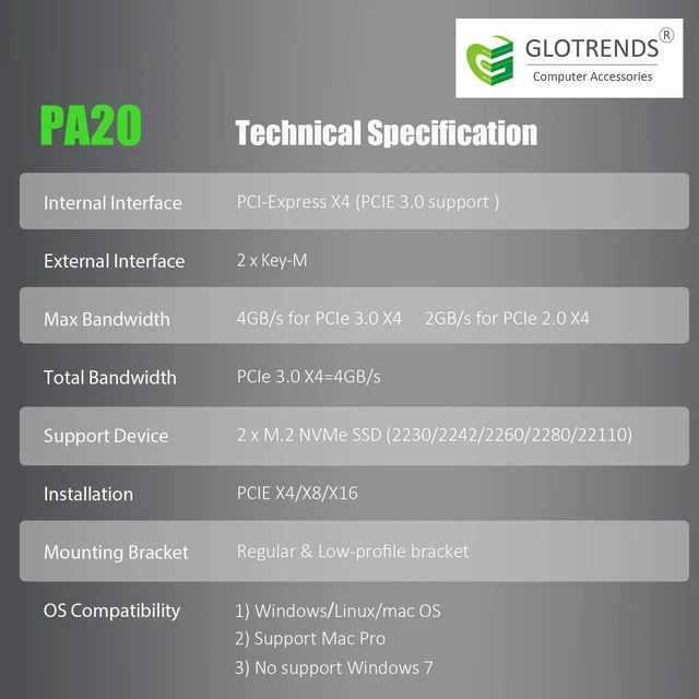 Alt view image 7 of 7 - PA20 Dual M.2 NVMe to PCIe 3.0 X4 Adapter, Bifurcation Built-in