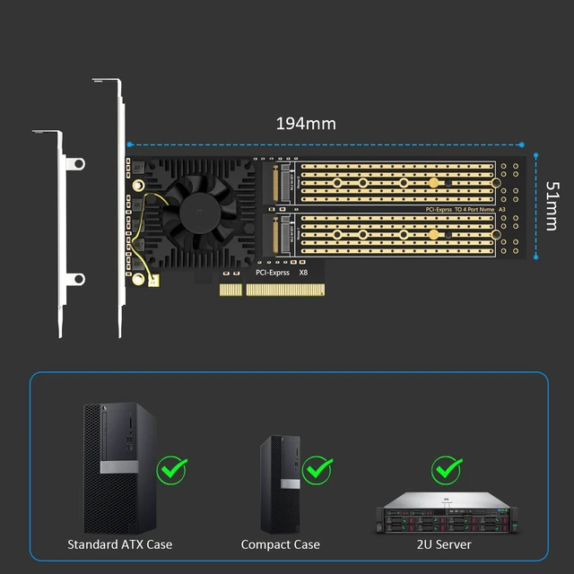 Alt view image 7 of 7 - PA40 Quad M.2 NVMe to PCIe 3.0 X8 Adapter, Built-in Bifurcation