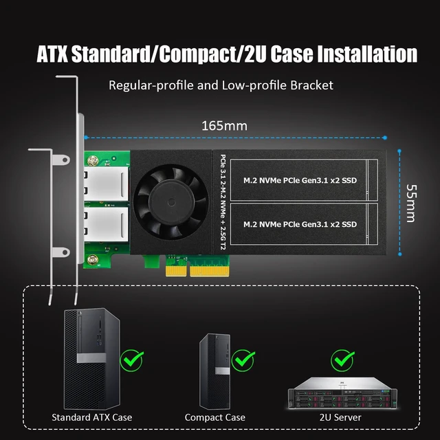 Alt view image 6 of 7 - ST5114 Dual M.2 PCIe Adapter with 2 x 2.5Gb RJ45 Port, PCIe 3.0 X4 Interface, Support PCIe Bifurcation, Setup Soft M.2 NVMe RAID via OS Tool