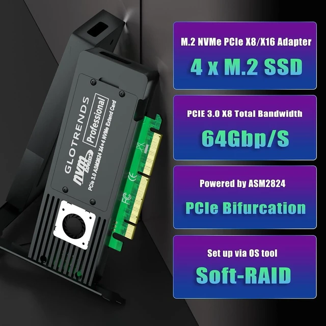 Alt view image 2 of 7 - M.2 NVMe Adapter + 4-Bay M.2 SSD Enclosure Bundle, PCIe 3.0 X8 with Bifurcation, RAID Support for 2280/2260/2242/2230 SSD