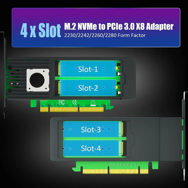 Alt view image 5 of 7 - M.2 NVMe Adapter + 4-Bay M.2 SSD Enclosure Bundle, PCIe 3.0 X8 with Bifurcation, RAID Support for 2280/2260/2242/2230 SSD