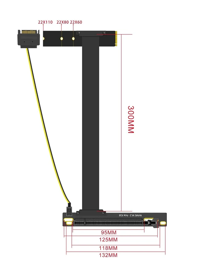 Alt view image 4 of 5 - 300mm M.2 Key M to PCIe 4.0 X16 Riser Cable with SATA Power Cable, Not Support M.2 SATA Slot