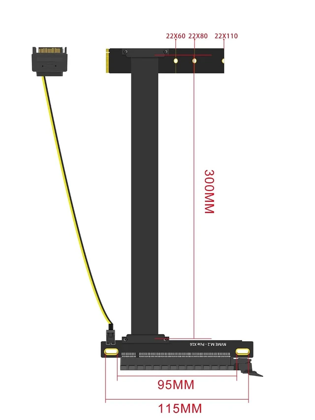 Alt view image 4 of 7 - 300mm M.2 Key M to PCIe 4.0 X16 Riser Cable with SATA Power Cable, Not Support M.2 SATA Slot