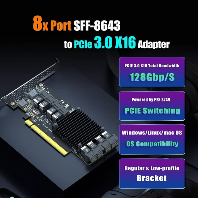 Alt view image 2 of 7 - ST538 8-Port SFF-8643 to PCIe 3.0 X16 Adapter Card, PEX8749