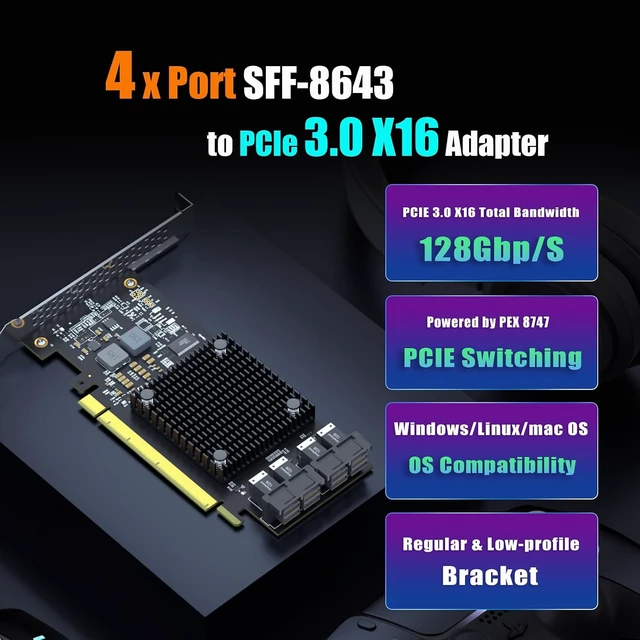 Alt view image 2 of 7 - ST583 4-Port SFF-8643 to PCIe 3.0 X16 Adapter Card, PEX8747