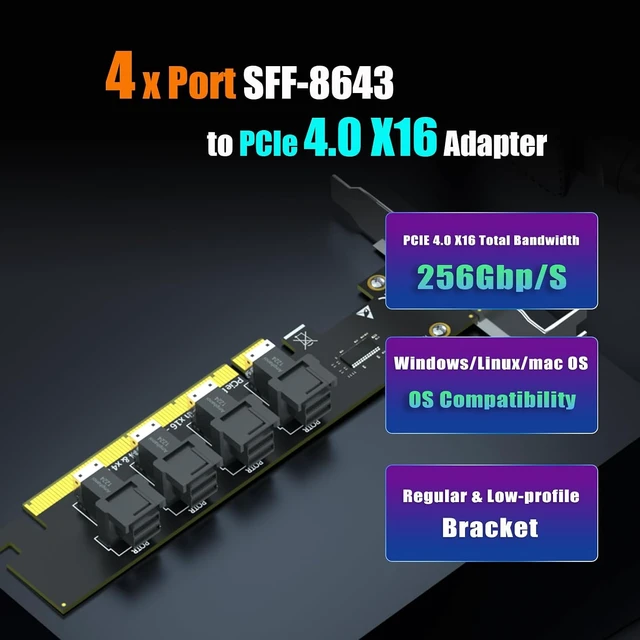 Alt view image 2 of 7 - SF04 4-Port SFF-8643 to PCIe 4.0 X16, Bifurcation Required