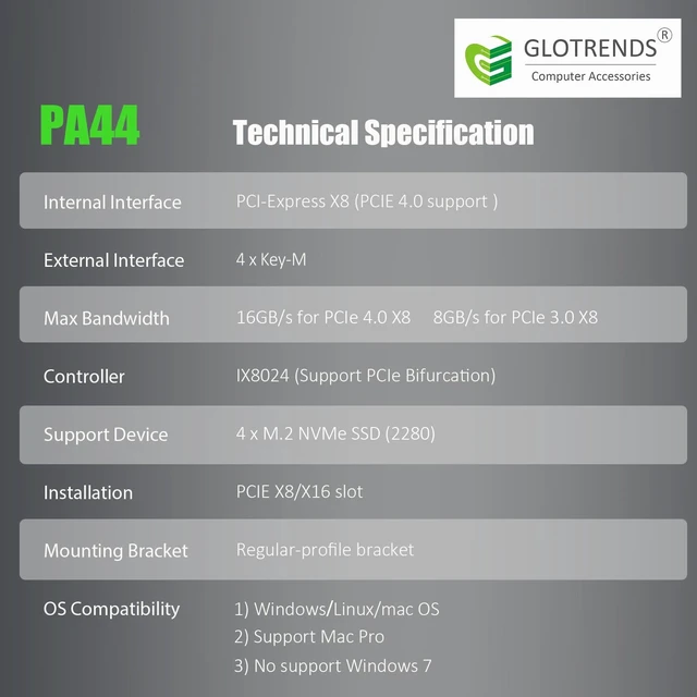 Alt view image 5 of 7 - PA44 Quad M.2 NVMe PCIe 4.0 X8 Adapter (Bifurcation & Soft RAID) + 4-Slot M.2 SSD Storage Case, Compatible with Multiple M.2 SSD Sizes