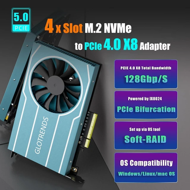Alt view image 2 of 7 - PA44 Quad M.2 NVMe PCIe 4.0 X8 Adapter (Bifurcation & Soft RAID) + 4-Slot M.2 SSD Storage Case, Compatible with Multiple M.2 SSD Sizes