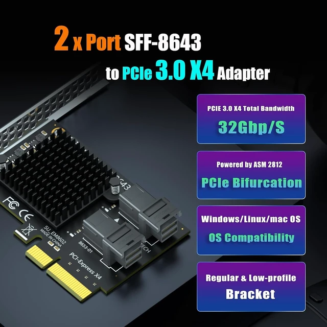 Alt view image 2 of 7 - SF22 2-Port SFF-8643 to PCIe 3.0 X4, Bifurcation Built-in