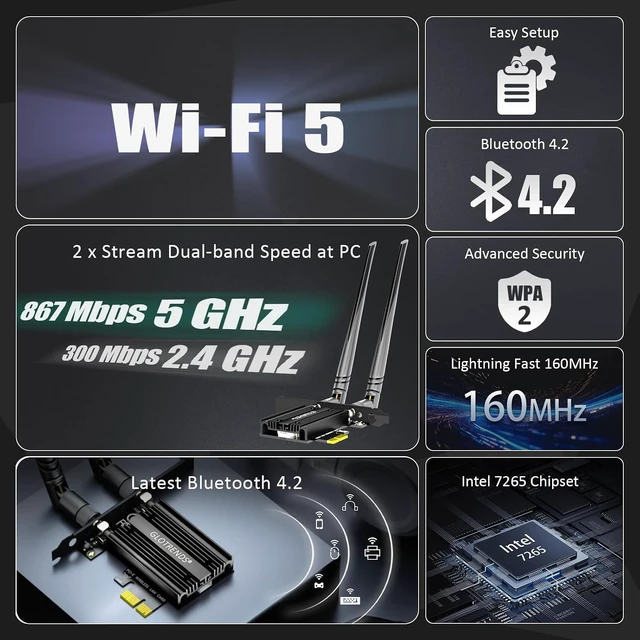 Alt view image 3 of 7 - AC1200 WiFi 5 PCIe Card for PC, Intel 7265, Bluetooth 4.2