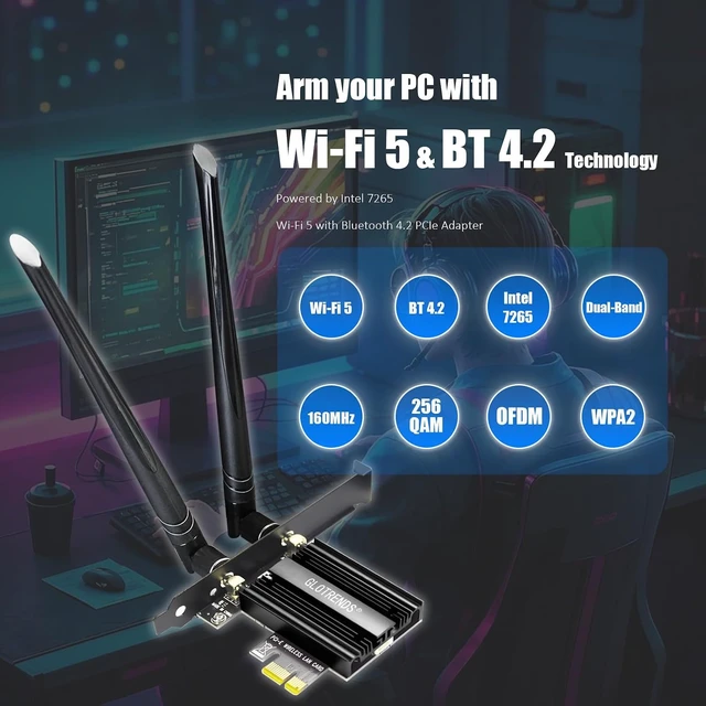 Alt view image 2 of 7 - AC1200 WiFi 5 PCIe Card for PC, Intel 7265, Bluetooth 4.2