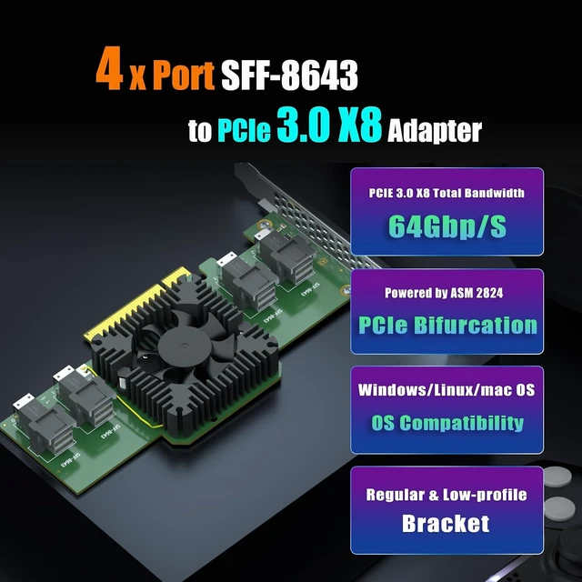 Alt view image 2 of 7 - SF44 4-Port SFF-8643 to PCIe 3.0 X8, Bifurcation Built-in