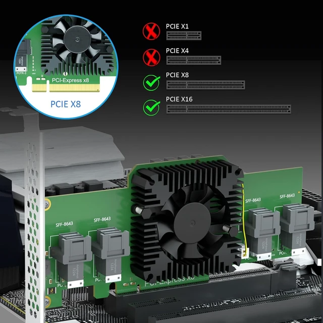 Alt view image 7 of 7 - SF44 4-Port SFF-8643 to PCIe 3.0 X8, Bifurcation Built-in