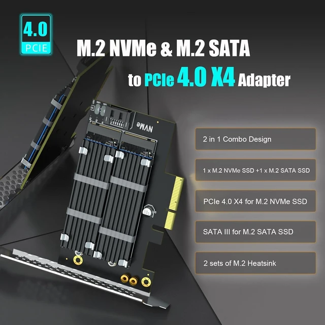 Alt view image 2 of 7 - PA12-HS M.2 PCIe 4.0 X4 Adapter NVMe + SATA SSD with Heatsinks