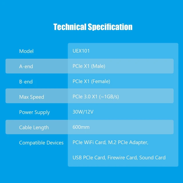 Alt view image 6 of 7 - UEX101 600mm PCIe 3.0 X1 Riser Cable for PCIe WiFi Card, M.2 PCIe Card, Firewire Card, USB PCIe Card, Sound Card, etc