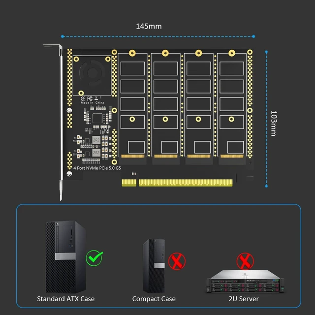 Alt view image 5 of 7 - Quad M.2 NVMe PCIe 5.0 X16 Adapter Card, Bifurcation Required