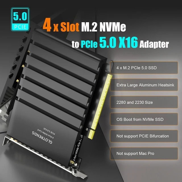 Alt view image 2 of 7 - Quad M.2 NVMe PCIe 5.0 X16 Adapter Card, Bifurcation Required