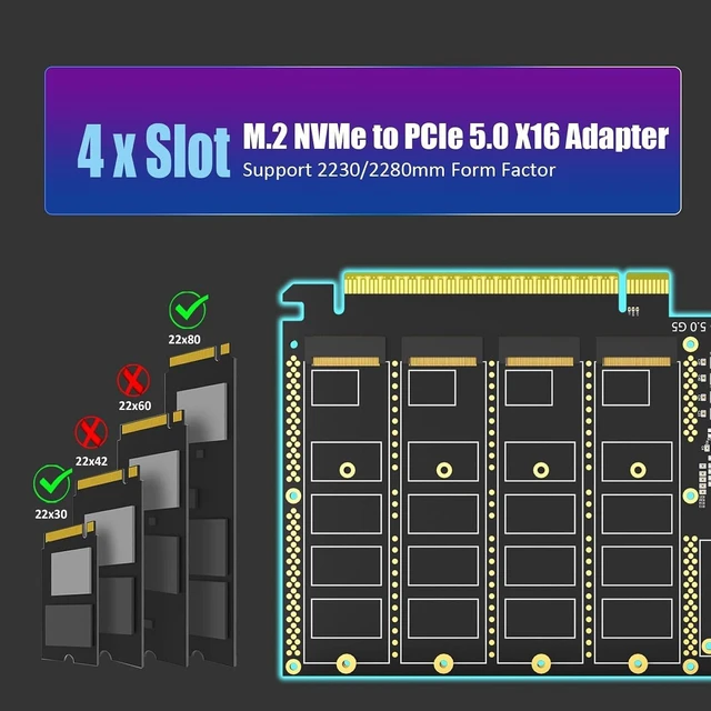 Alt view image 4 of 7 - Quad M.2 NVMe PCIe 5.0 X16 Adapter Card, Bifurcation Required