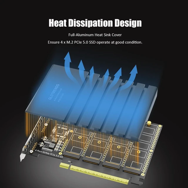 Alt view image 6 of 7 - Quad M.2 NVMe PCIe 5.0 X16 Adapter Card, Bifurcation Required