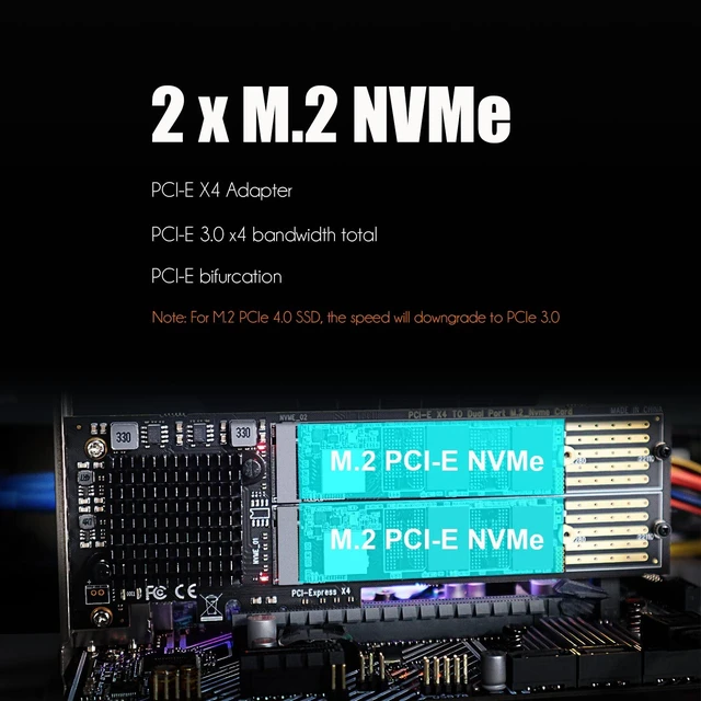 Alt view image 2 of 7 - PA20 Dual M.2 NVMe to PCIe 3.0 X4 Adapter with 2 Sets of M.2 Heatsink
