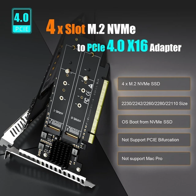 Alt view image 2 of 7 - PA41 Quad M.2 NVMe to PCIe 4.0 X16 Adapter, Bifurcation Needed