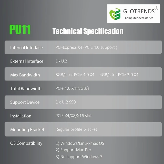 Alt view image 7 of 7 - PU11 U.2 (SFF-8639) to PCIe 4.0 X4 Adapter, 2.5" U.2 SSD