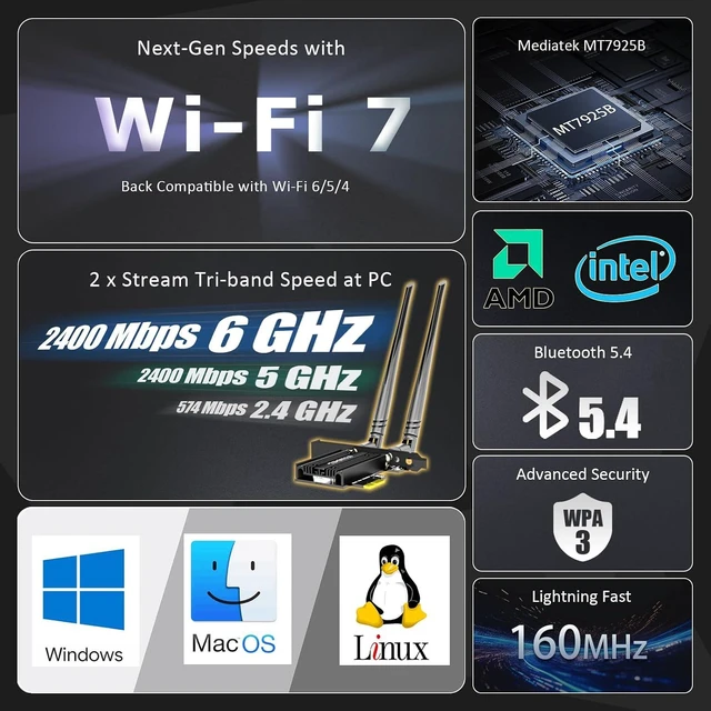 Alt view image 3 of 7 - BE6500 WiFi 7 PCIe Card for PC, Tri-Band, Bluetooth 5.4, MT7925B