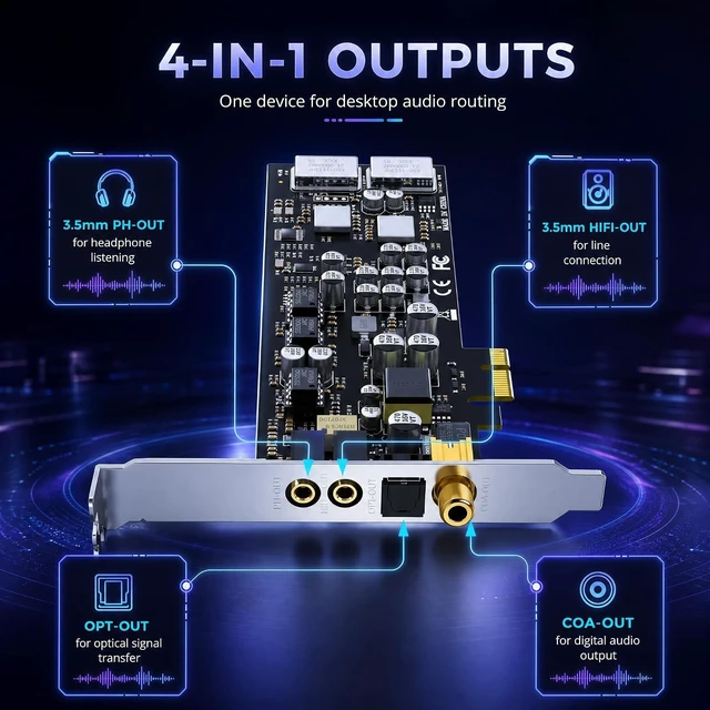 Alt view image 5 of 7 - ST115 PCIe Hi-Fi Sound Card, ES9038Q2M DAC, Optical/Coax & 3.5mm