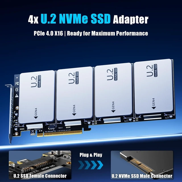 Alt view image 4 of 7 - PU41 Quad U.2 SFF-8639 to PCIe 4.0 X16, Bifurcation Required