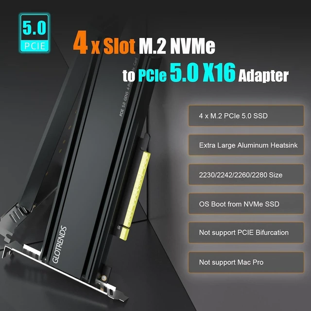 Alt view image 2 of 7 - Quad M.2 NVMe to PCIe 5.0 X16 Adapter, Bifurcation Required