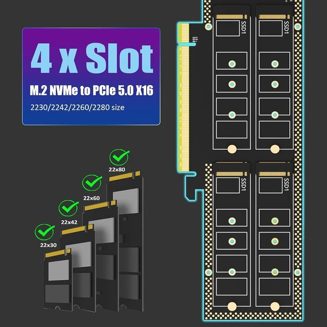 Alt view image 4 of 7 - Quad M.2 NVMe to PCIe 5.0 X16 Adapter, Bifurcation Required