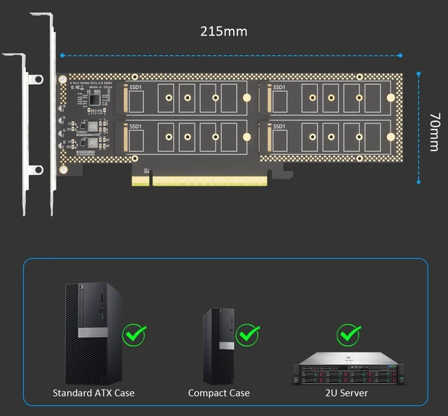 Alt view image 5 of 7 - Quad M.2 NVMe to PCIe 5.0 X16 Adapter, Bifurcation Required