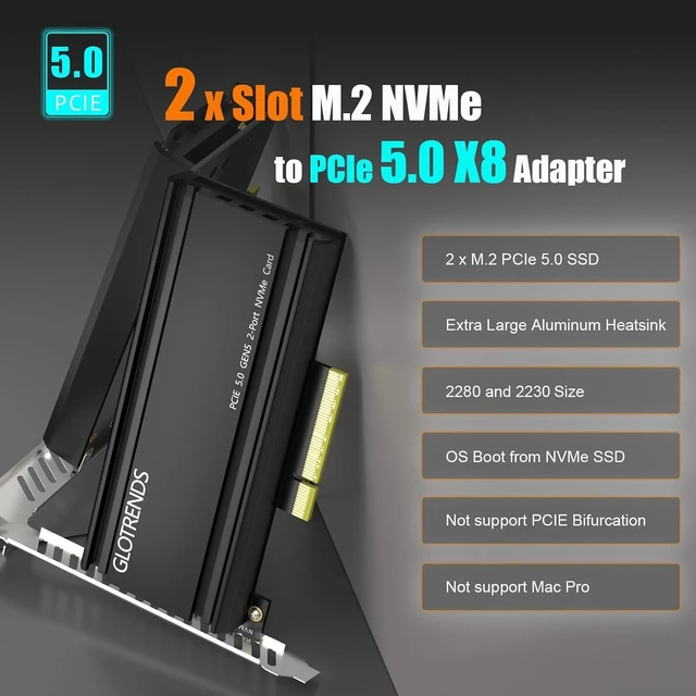 Alt view image 2 of 7 - Dual M.2 NVMe to PCIe 5.0 X8 Adapter, Bifurcation Required