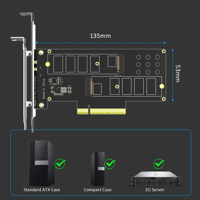 Alt view image 6 of 7 - Dual M.2 NVMe to PCIe 5.0 X8 Adapter, Bifurcation Required