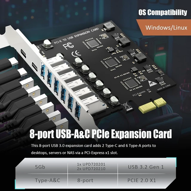 Alt view image 3 of 7 - U6A2C 8-Port 5Gbps PCIe USB 3.0 Card, 2 USB-C and 6 USB-A