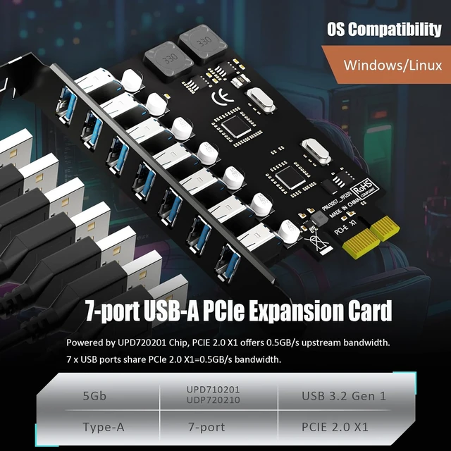 Alt view image 3 of 7 - U3057 7-Port 5Gbps PCIe USB 3.0 Card, USB 3.2 Gen 1, PCIe x1